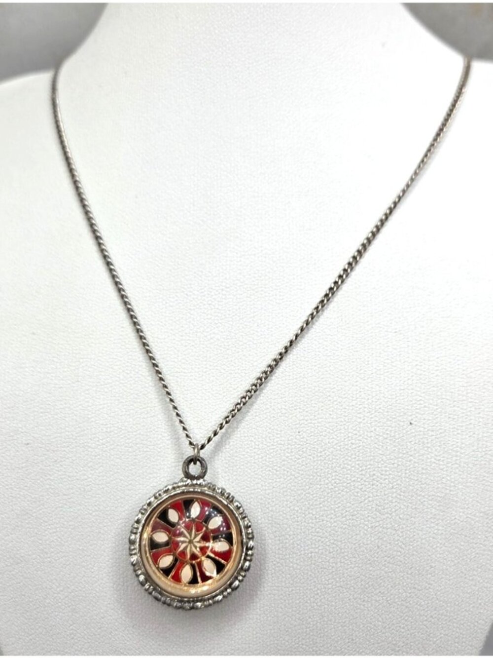 Double-Sided Silver Pendant Necklace With Enamel Peacock & Red Floral Design